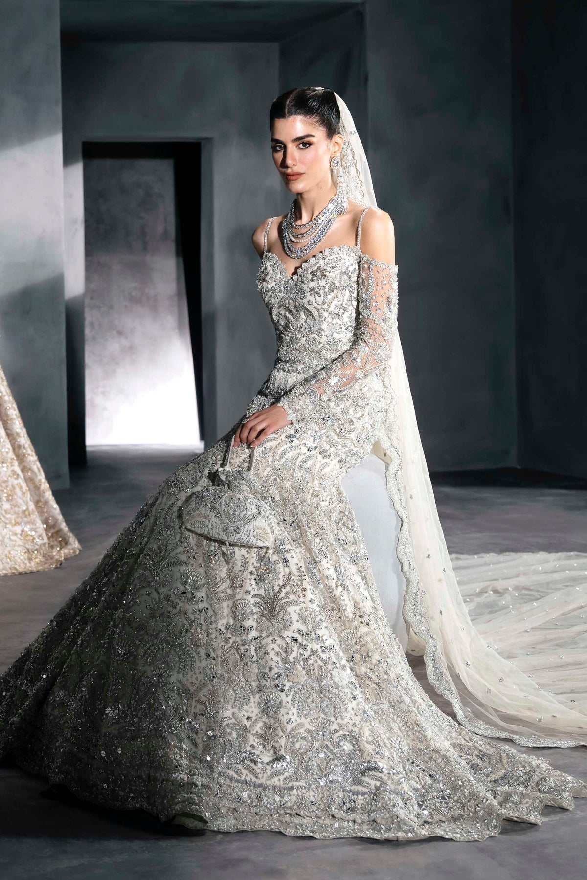 Akbar Aslam | Bridal Dresses | Mirella-Brand:Akbar Aslam-Type:Ladies Clothes-Silver - House of Maryam- Buy in UK, USA