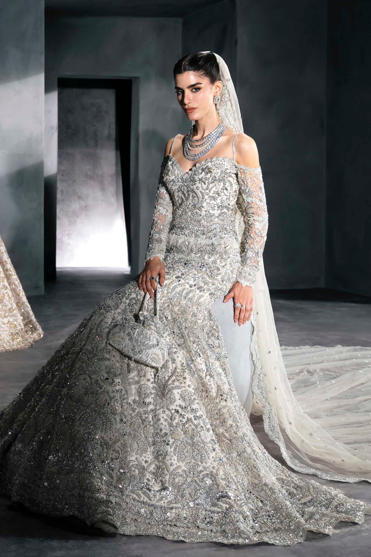 Akbar Aslam | Bridal Dresses | Mirella-Brand:Akbar Aslam-Type:Ladies Clothes-Silver - House of Maryam- Buy in UK, USA