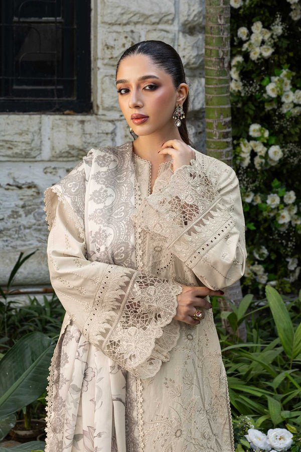 Akbar Aslam | Elaria RTW Lawn 26 | Aurielle-Brand:Akbar Aslam-Type:Ladies Clothes-Ivory-Lawn-House of Maryam- Buy in UK, USA