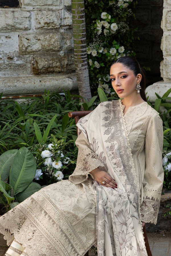 Akbar Aslam | Elaria RTW Lawn 26 | Aurielle-Brand:Akbar Aslam-Type:Ladies Clothes-Ivory-Lawn-House of Maryam- Buy in UK, USA