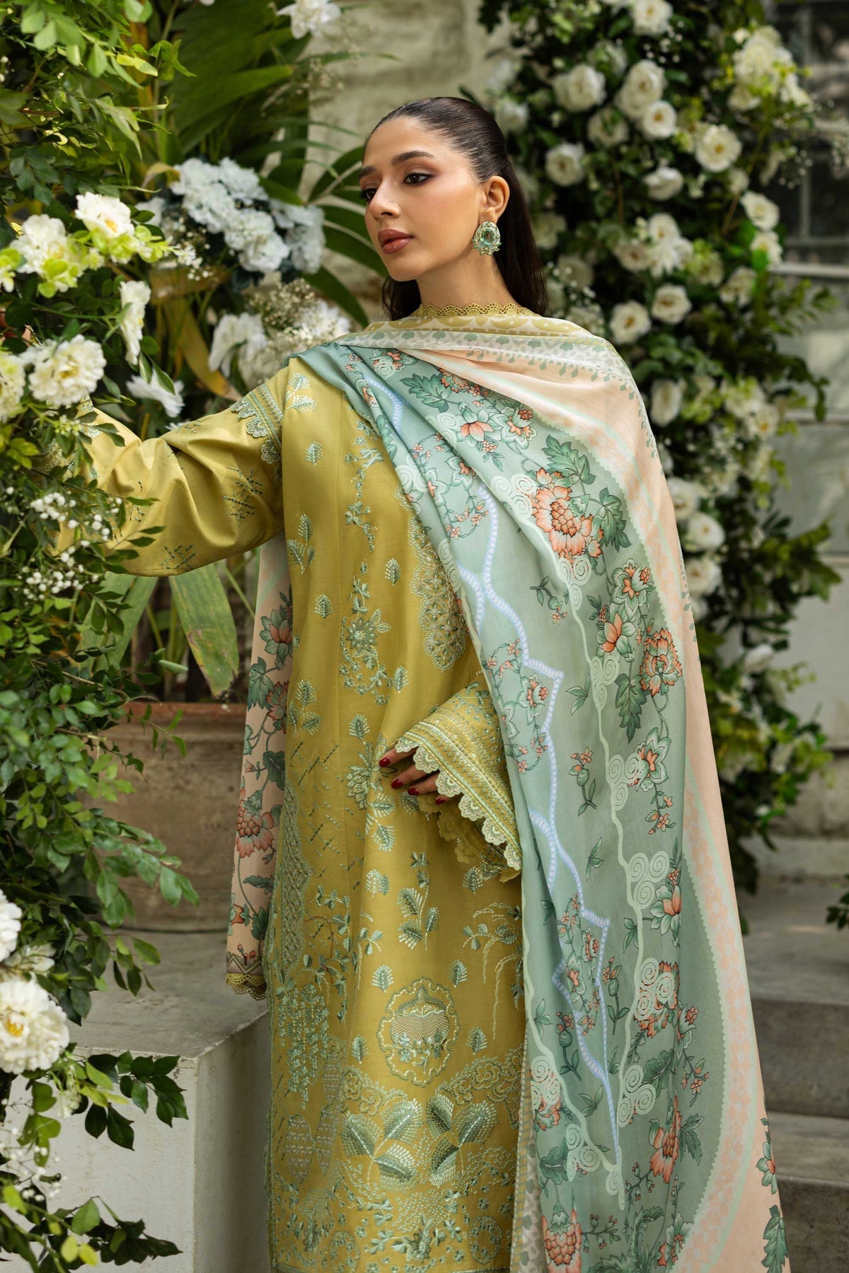 Akbar Aslam | Elaria RTW Lawn 26 | Elysia-Brand:Akbar Aslam-Type:Ladies Clothes-Lime Green-Lawn-House of Maryam- Buy in UK, USA