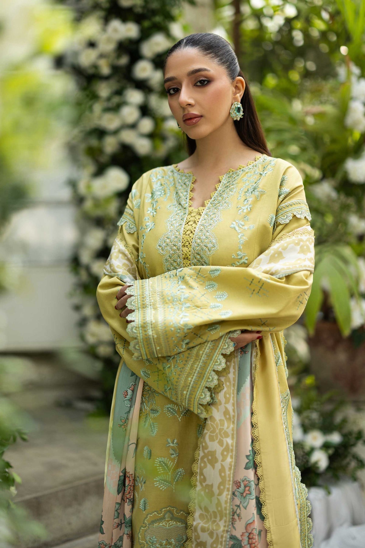 Akbar Aslam | Elaria RTW Lawn 26 | Elysia-Brand:Akbar Aslam-Type:Ladies Clothes-Lime Green-Lawn-House of Maryam- Buy in UK, USA