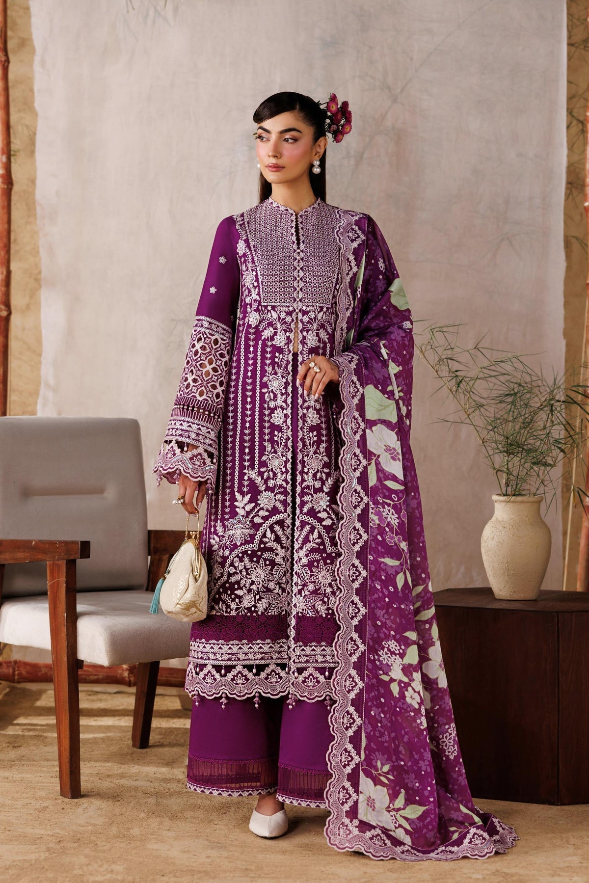 Akbar Aslam | Elea Lawn 26 | Tenebris-Brand:Akbar Aslam-Type:Ladies Clothes-Plum-Lawn-House of Maryam- Buy in UK, USA