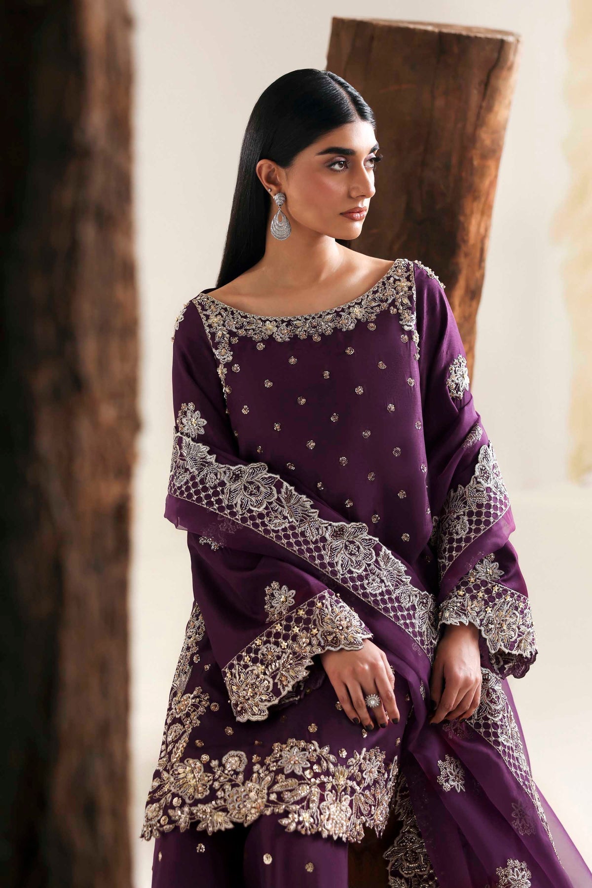 Akbar Aslam | Formal Pret | Nivelle-Brand:Akbar Aslam-Type:Ladies Clothes-Dark Purple-Tissue Silk-House of Maryam- Buy in UK, USA