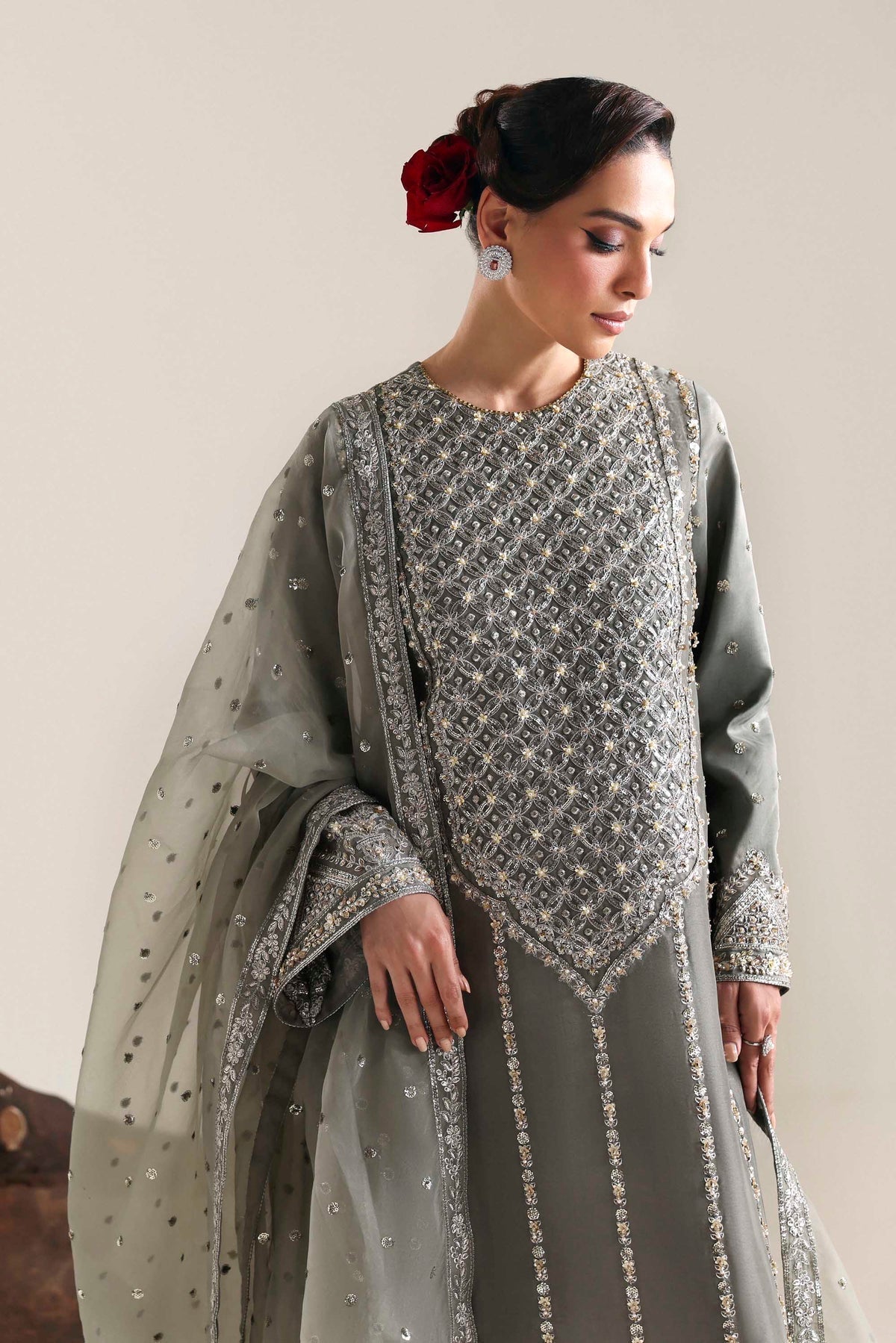 Akbar Aslam | Formal Pret | Zivara-Brand:Akbar Aslam-Type:Ladies Clothes-Gray-Tissue Silk-House of Maryam- Buy in UK, USA