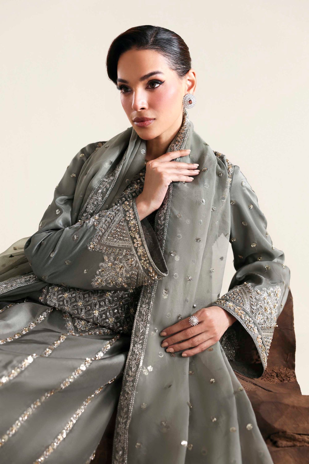 Akbar Aslam | Formal Pret | Zivara-Brand:Akbar Aslam-Type:Ladies Clothes-Gray-Tissue Silk-House of Maryam- Buy in UK, USA
