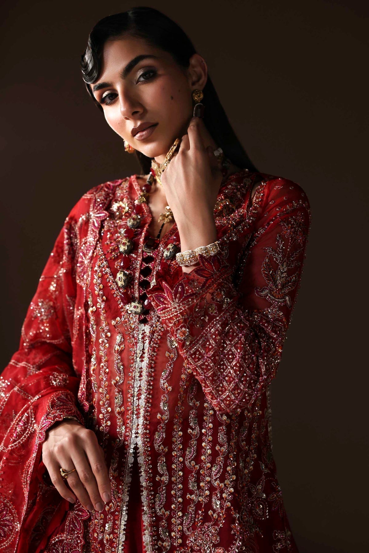 Akbar Aslam | Luxury Formals | Oracle-Brand:Adans Libas-Type:Ladies Clothes-Deep Red-Organza-House of Maryam- Buy in UK, USA
