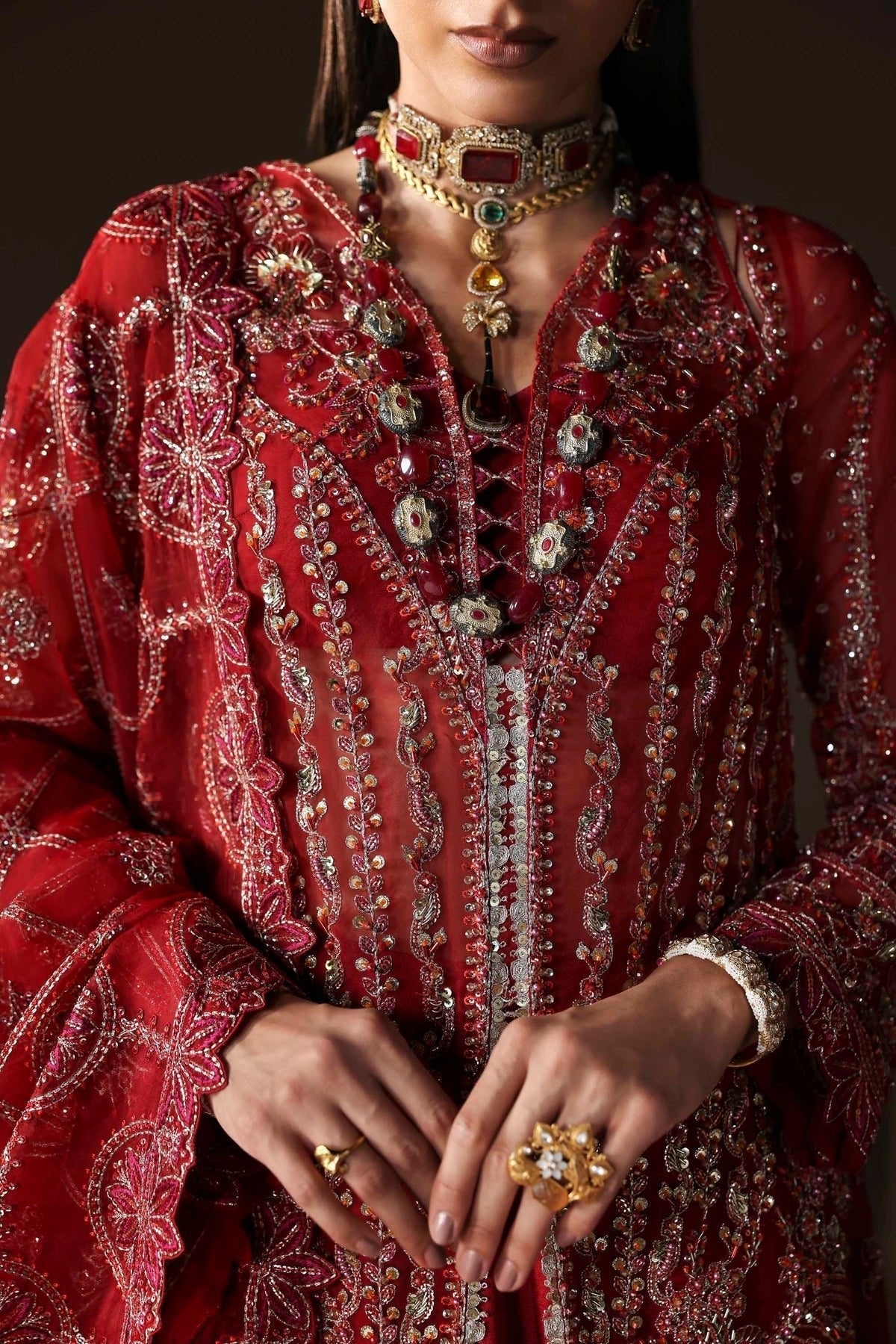 Akbar Aslam | Luxury Formals | Oracle-Brand:Adans Libas-Type:Ladies Clothes-Deep Red-Organza-House of Maryam- Buy in UK, USA