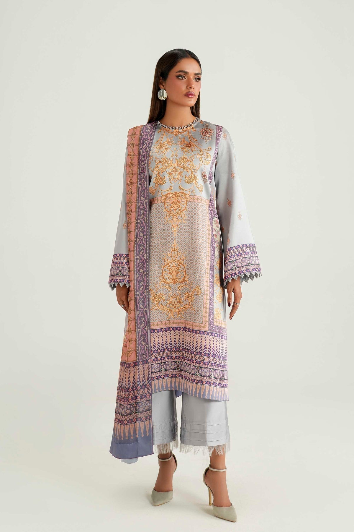 Akbar Aslam | Silk Pret | Noura-Brand:Akbar Aslam-Type:Ladies Clothes-Silver Gray-Pure Silk-House of Maryam- Buy in UK, USA