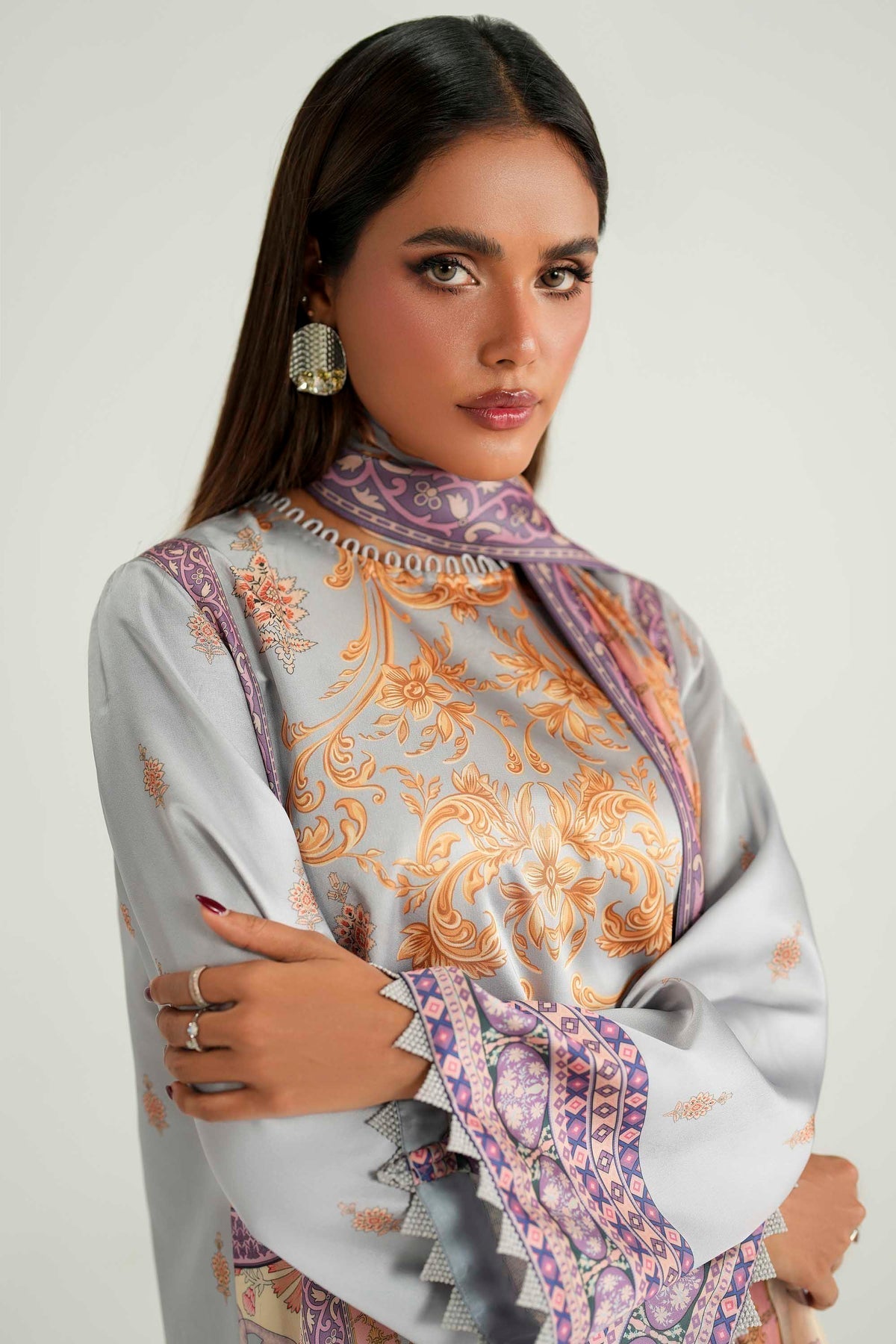 Akbar Aslam | Silk Pret | Noura-Brand:Akbar Aslam-Type:Ladies Clothes-Silver Gray-Pure Silk-House of Maryam- Buy in UK, USA