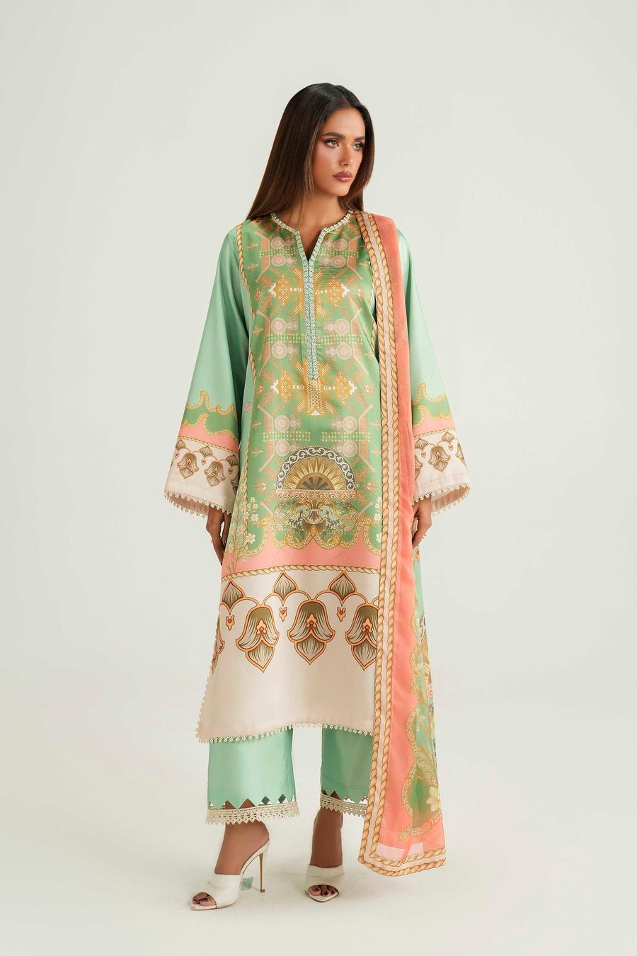 Akbar Aslam | Silk Pret | Zinnia-Brand:Akbar Aslam-Type:Ladies Clothes-Sage Green-Silk-House of Maryam- Buy in UK, USA
