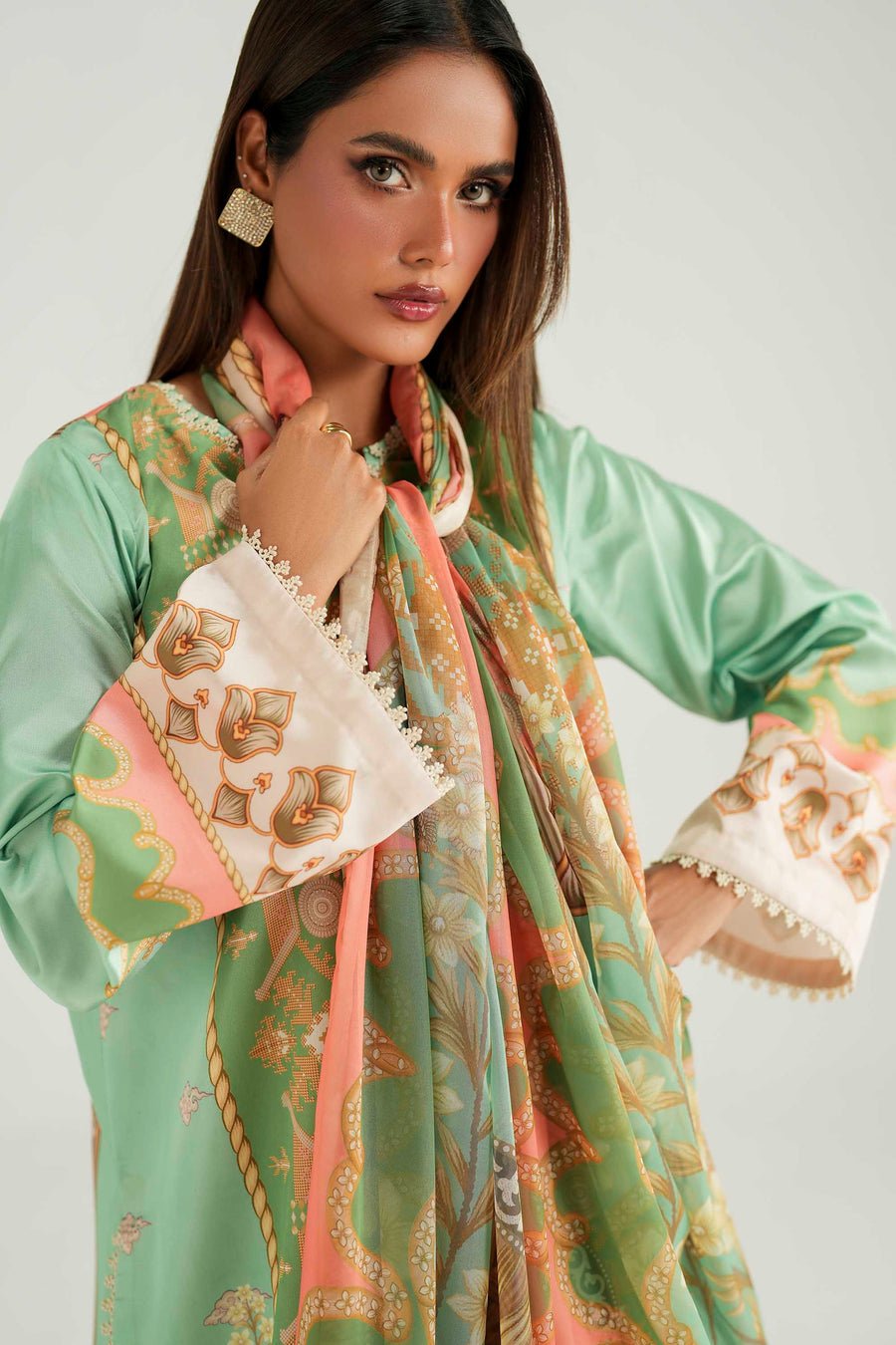 Akbar Aslam | Silk Pret | Zinnia-Brand:Akbar Aslam-Type:Ladies Clothes-Sage Green-Silk-House of Maryam- Buy in UK, USA