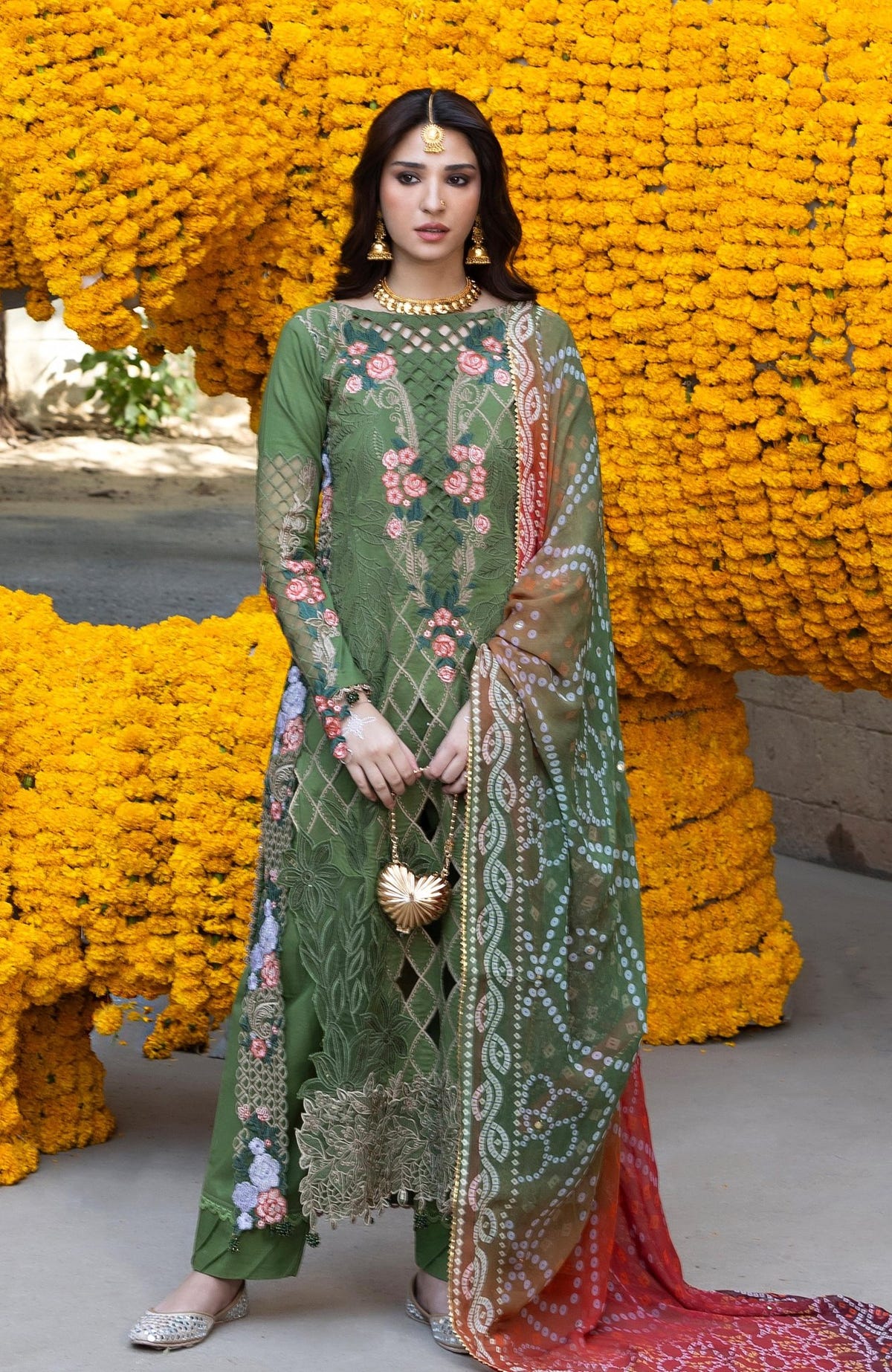 Al Zohaib | Bandhani The Tales of Jaipur 26 | BTJ-26-01-Brand:Al Zohaib-Type:Ladies Clothes-Olive Green-Organza-House of Maryam- Buy in UK, USA