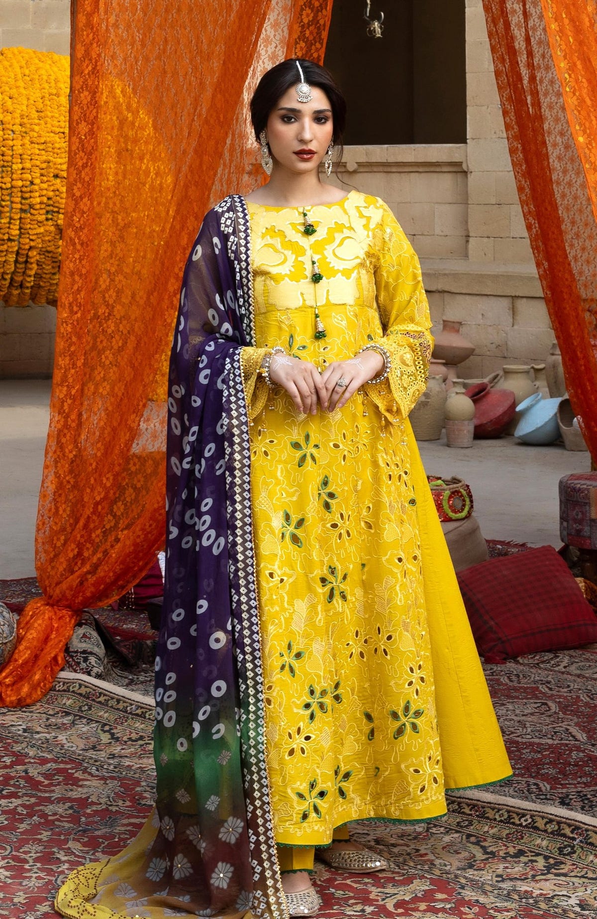 Al Zohaib | Bandhani The Tales of Jaipur 26 | BTJ-26-04-Brand:Al Zohaib-Type:Ladies Clothes-Lime Yellow-Chikankari-House of Maryam- Buy in UK, USA