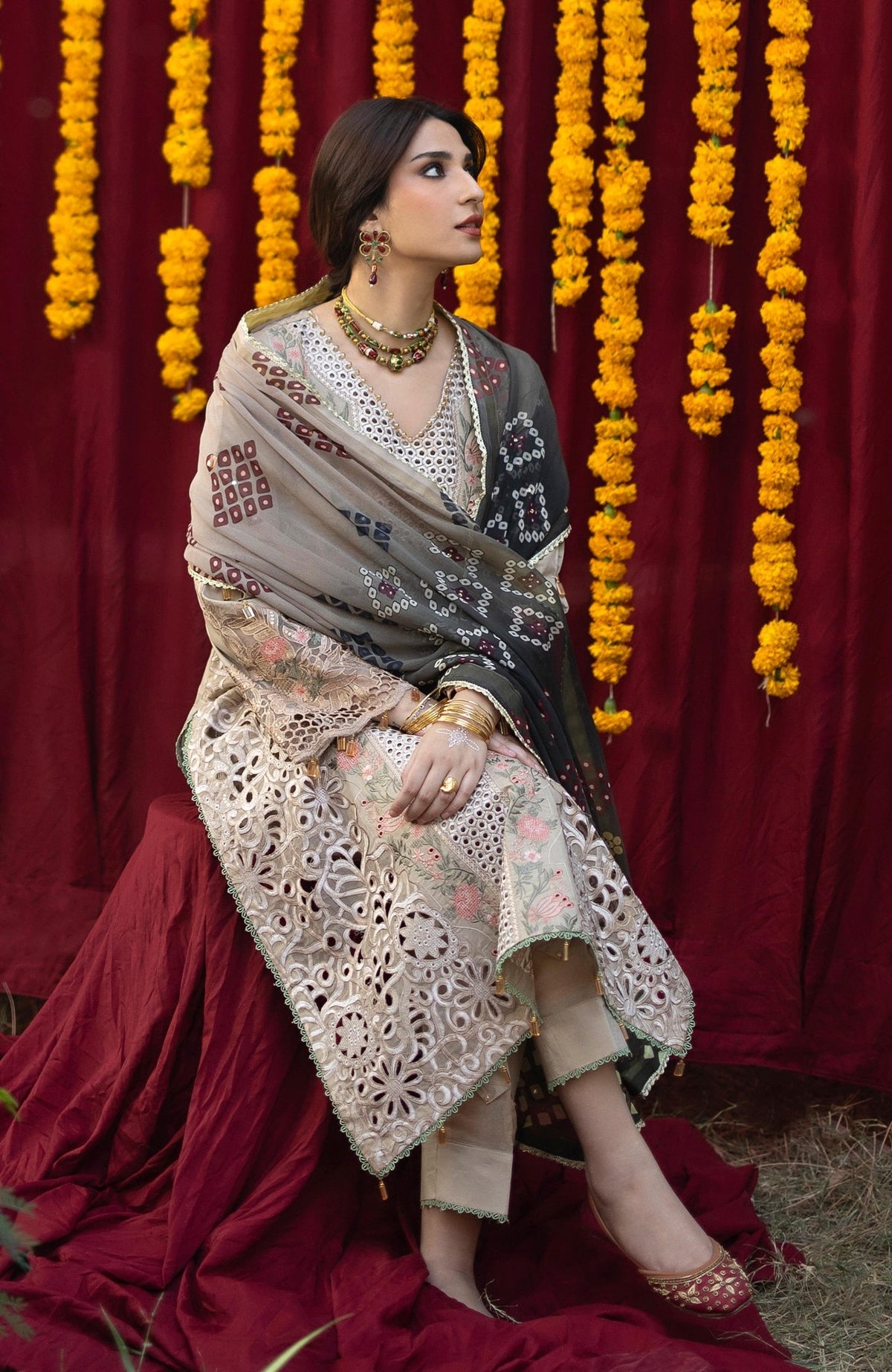Al Zohaib | Bandhani The Tales of Jaipur 26 | BTJ-26-07-Brand:Al Zohaib-Type:Ladies Clothes-Beige-Chikankari-House of Maryam- Buy in UK, USA
