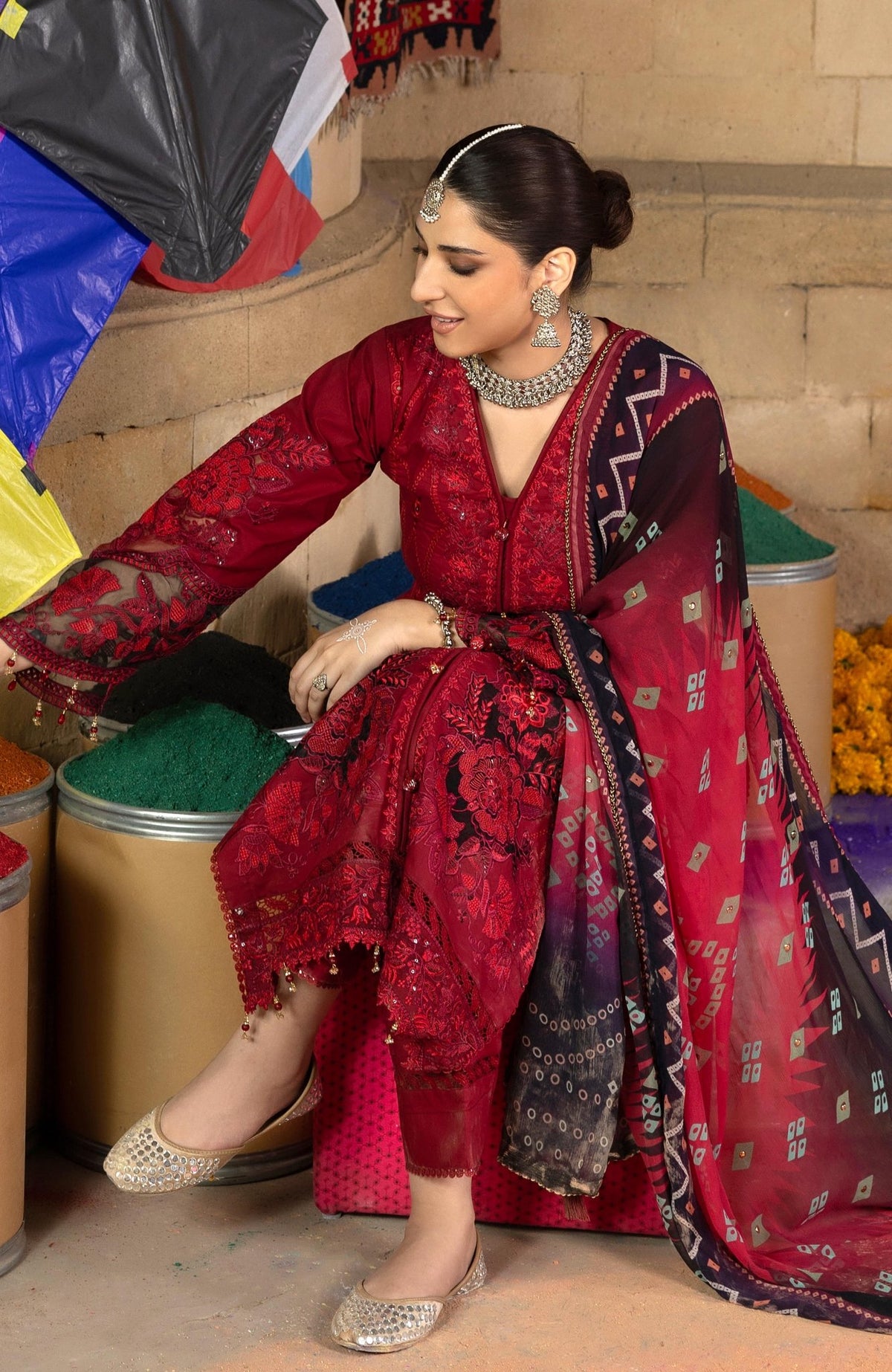 Al Zohaib | Bandhani The Tales of Jaipur 26 | BTJ-26-09-Brand:Al Zohaib-Type:Ladies Clothes-Maroon-Chikankari-House of Maryam- Buy in UK, USA