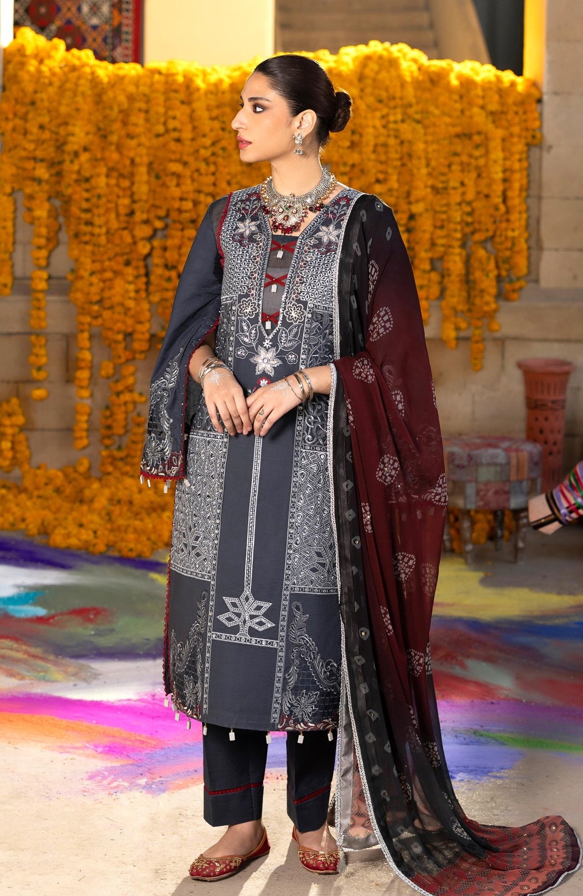 Al Zohaib | Bandhani The Tales of Jaipur 26 | BTJ-26-10-Brand:Al Zohaib-Type:Ladies Clothes-Charcoal Gray-Chikankari-House of Maryam- Buy in UK, USA