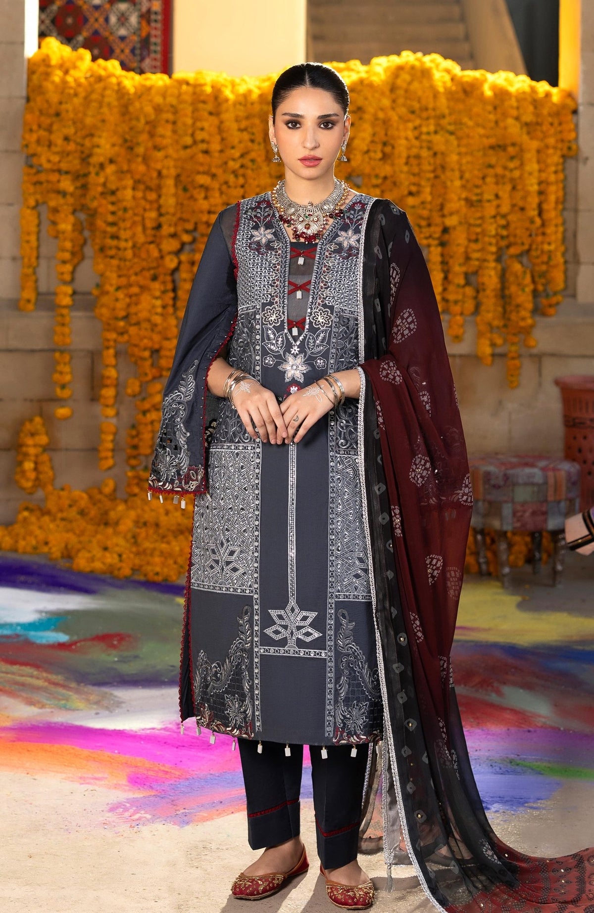 Al Zohaib | Bandhani The Tales of Jaipur 26 | BTJ-26-10-Brand:Al Zohaib-Type:Ladies Clothes-Charcoal Gray-Chikankari-House of Maryam- Buy in UK, USA