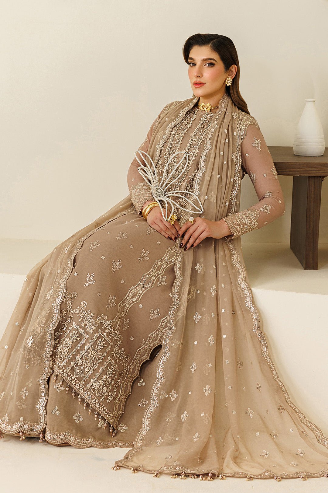 Alizeh | Aymal Luxury Bamber Chiffon | AF-BHM-4069-Dise-Brand:Alizeh-Type:Ladies Clothes-Coffee-Chiffon-House of Maryam- Buy in UK, USA