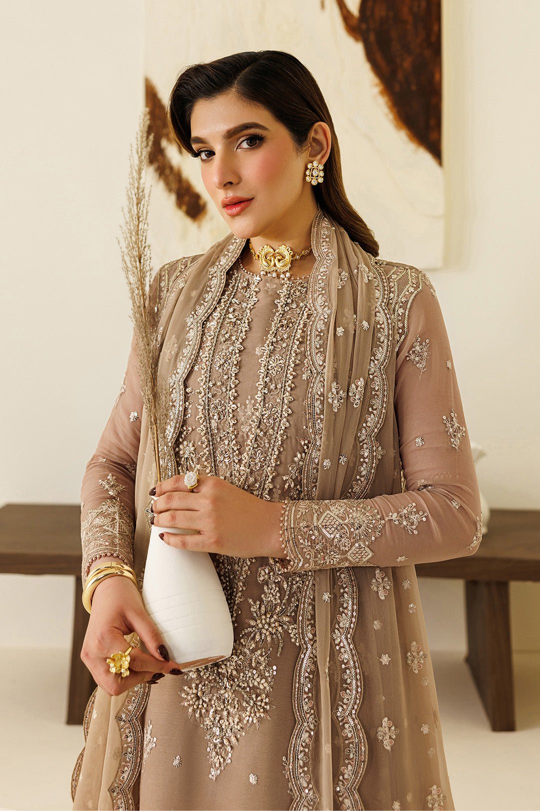 Alizeh | Aymal Luxury Bamber Chiffon | AF-BHM-4069-Dise-Brand:Alizeh-Type:Ladies Clothes-Coffee-Chiffon-House of Maryam- Buy in UK, USA