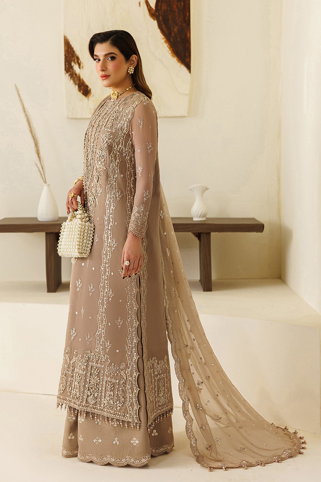 Alizeh | Aymal Luxury Bamber Chiffon | AF-BHM-4069-Dise-Brand:Alizeh-Type:Ladies Clothes-Coffee-Chiffon-House of Maryam- Buy in UK, USA