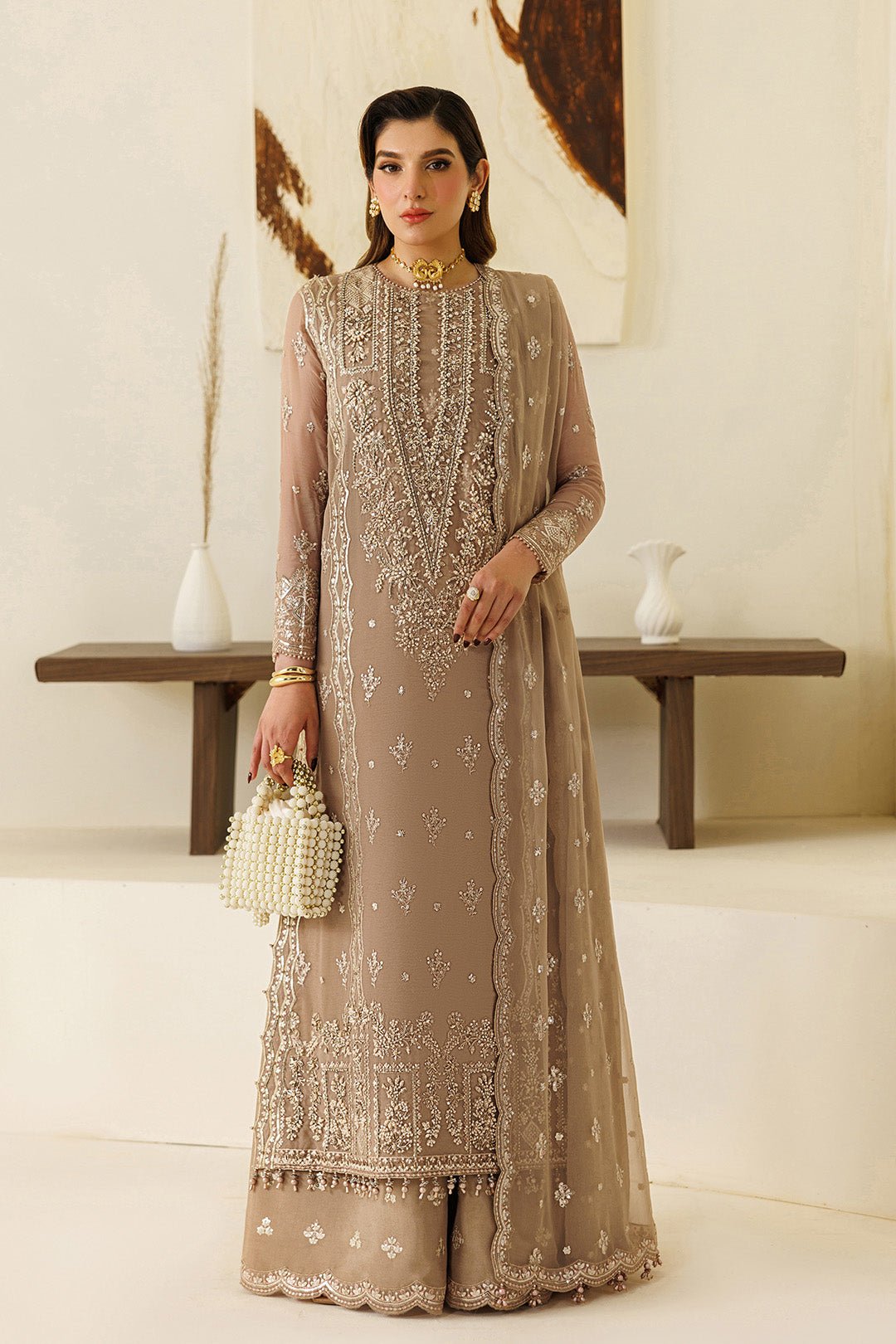 Alizeh | Aymal Luxury Bamber Chiffon | AF-BHM-4069-Dise-Brand:Alizeh-Type:Ladies Clothes-Coffee-Chiffon-House of Maryam- Buy in UK, USA