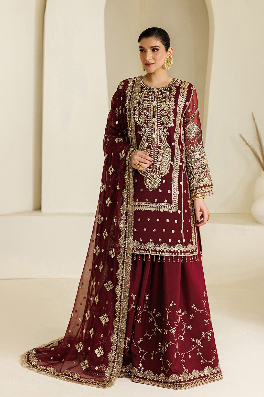 Alizeh | Aymal Luxury Bamber Chiffon | AF-BHM-4071-Lira-Brand:Alizeh-Type:Ladies Clothes-Maroon-Long Shirt-House of Maryam- Buy in UK, USA