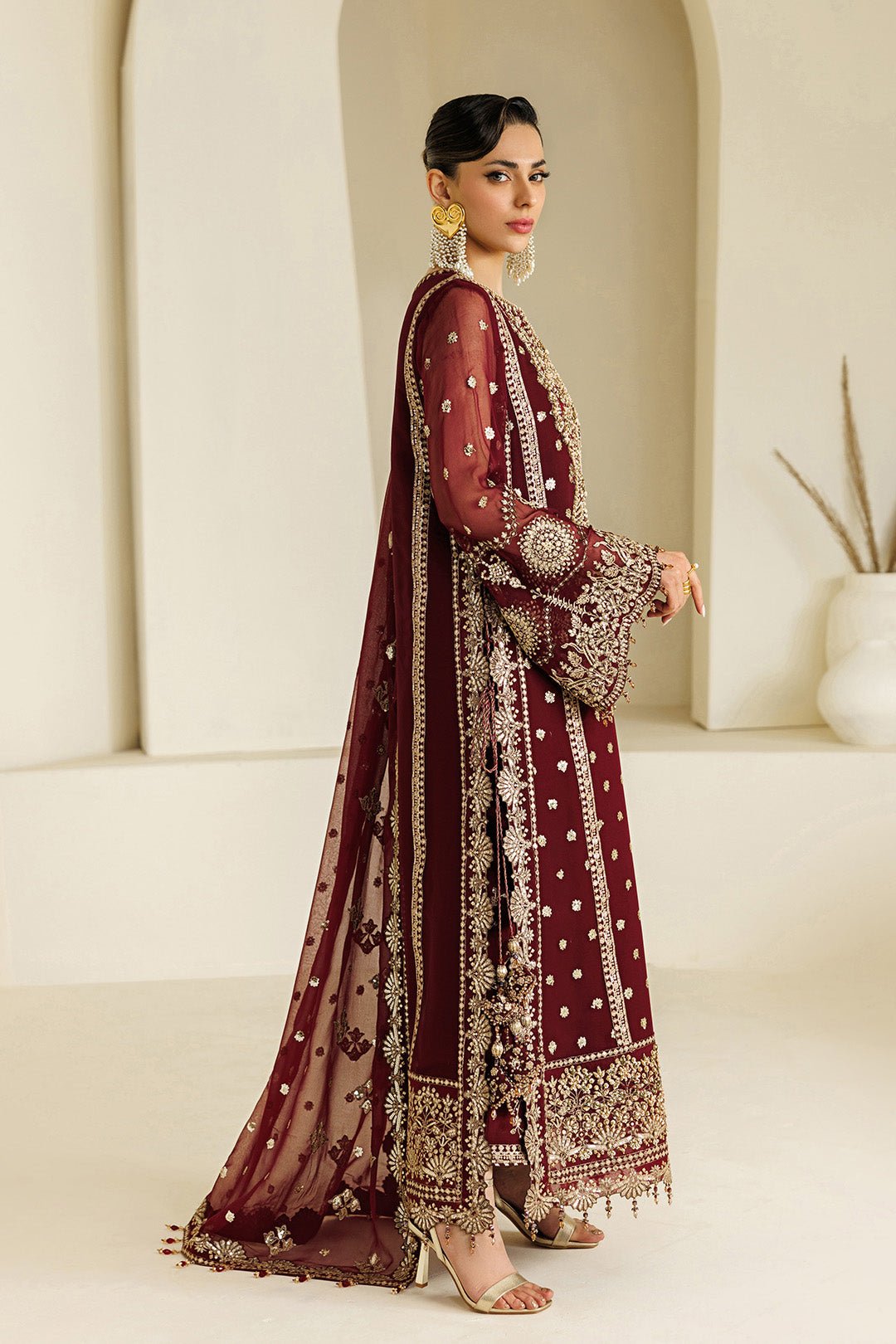 Alizeh | Aymal Luxury Bamber Chiffon | AF-BHM-4071-Lira-Brand:Alizeh-Type:Ladies Clothes-Maroon-Long Shirt-House of Maryam- Buy in UK, USA