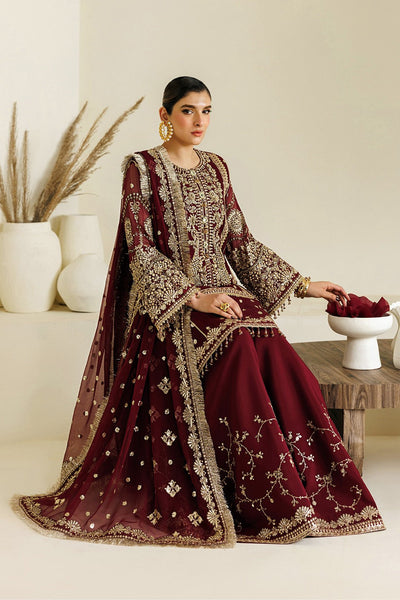 Alizeh | Aymal Luxury Bamber Chiffon | AF-BHM-4071-Lira-Brand:Alizeh-Type:Ladies Clothes-Maroon-Short Shirt with Sharara-House of Maryam- Buy in UK, USA