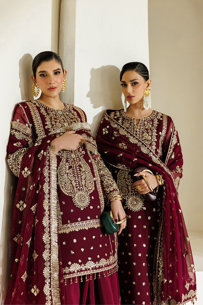 Alizeh | Aymal Luxury Bamber Chiffon | AF-BHM-4071-Lira-Brand:Alizeh-Type:Ladies Clothes-Maroon-Short Shirt with Sharara-House of Maryam- Buy in UK, USA