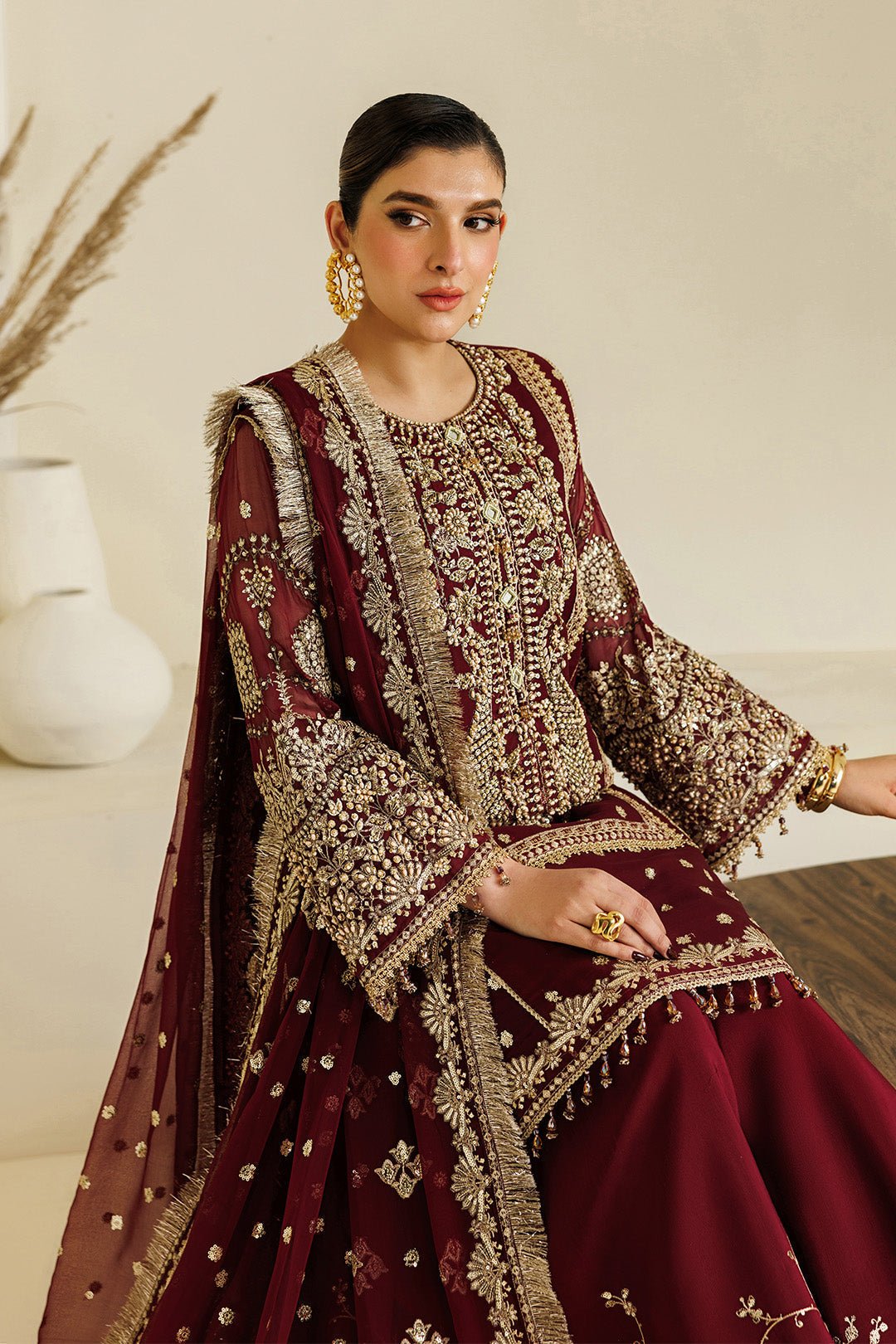 Alizeh | Aymal Luxury Bamber Chiffon | AF-BHM-4071-Lira-Brand:Alizeh-Type:Ladies Clothes-Maroon-Short Shirt with Sharara-House of Maryam- Buy in UK, USA