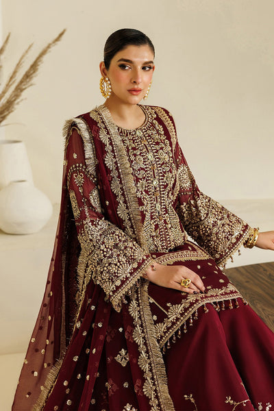 Alizeh | Aymal Luxury Bamber Chiffon | AF-BHM-4071-Lira-Brand:Alizeh-Type:Ladies Clothes-Maroon-Short Shirt with Sharara-House of Maryam- Buy in UK, USA
