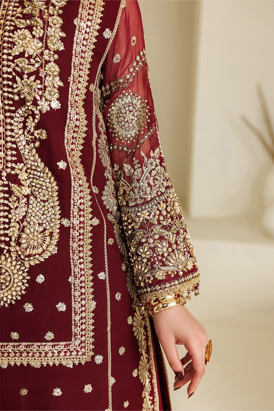 Alizeh | Aymal Luxury Bamber Chiffon | AF-BHM-4071-Lira-Brand:Alizeh-Type:Ladies Clothes-Maroon-Short Shirt with Sharara-House of Maryam- Buy in UK, USA