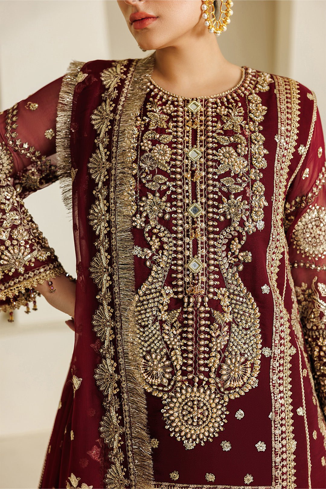 Alizeh | Aymal Luxury Bamber Chiffon | AF-BHM-4071-Lira-Brand:Alizeh-Type:Ladies Clothes-Maroon-Short Shirt with Sharara-House of Maryam- Buy in UK, USA