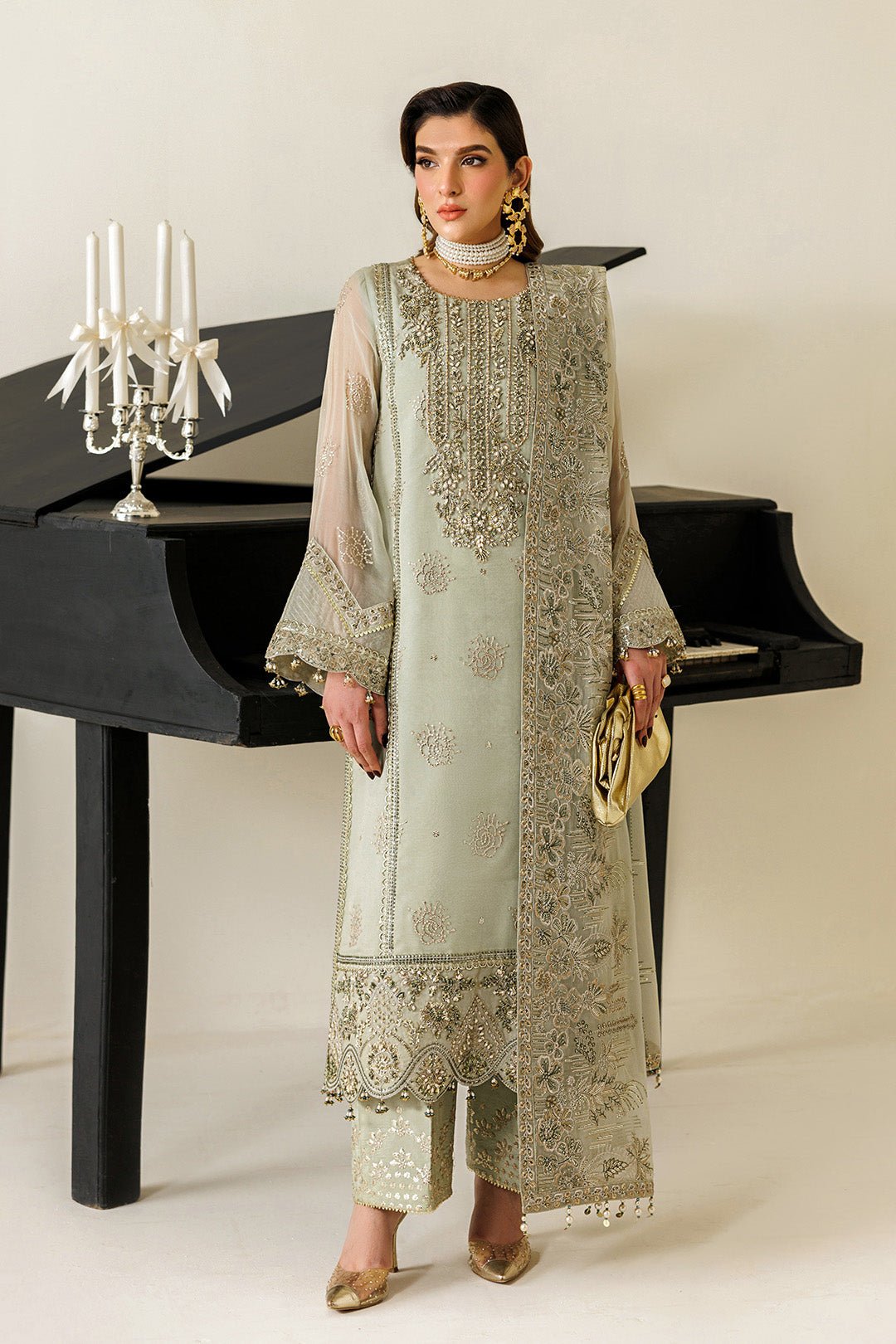 Alizeh | Aymal Luxury Bamber Chiffon | AF-BHM-4072-Javi-Brand:Alizeh-Type:Ladies Clothes-Mint Gray-Long Shirt-House of Maryam- Buy in UK, USA