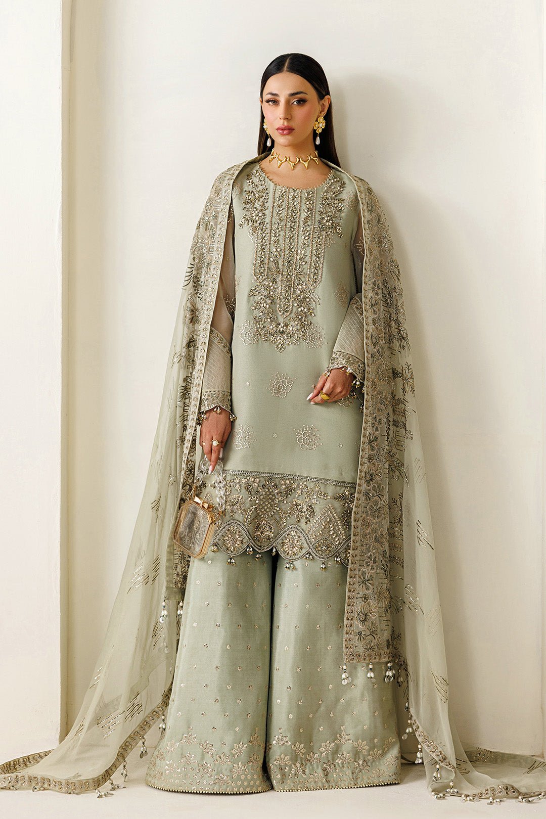 Alizeh | Aymal Luxury Bamber Chiffon | AF-BHM-4072-Javi-Brand:Alizeh-Type:Ladies Clothes-Mint Gray-Long Shirt-House of Maryam- Buy in UK, USA