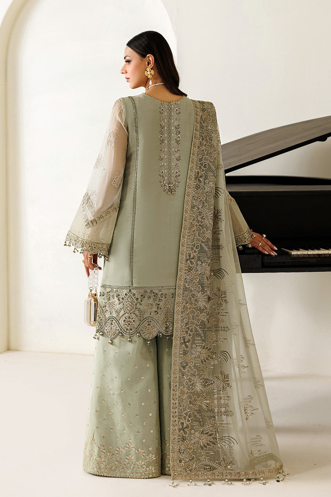 Alizeh | Aymal Luxury Bamber Chiffon | AF-BHM-4072-Javi-Brand:Alizeh-Type:Ladies Clothes-Mint Gray-Long Shirt-House of Maryam- Buy in UK, USA