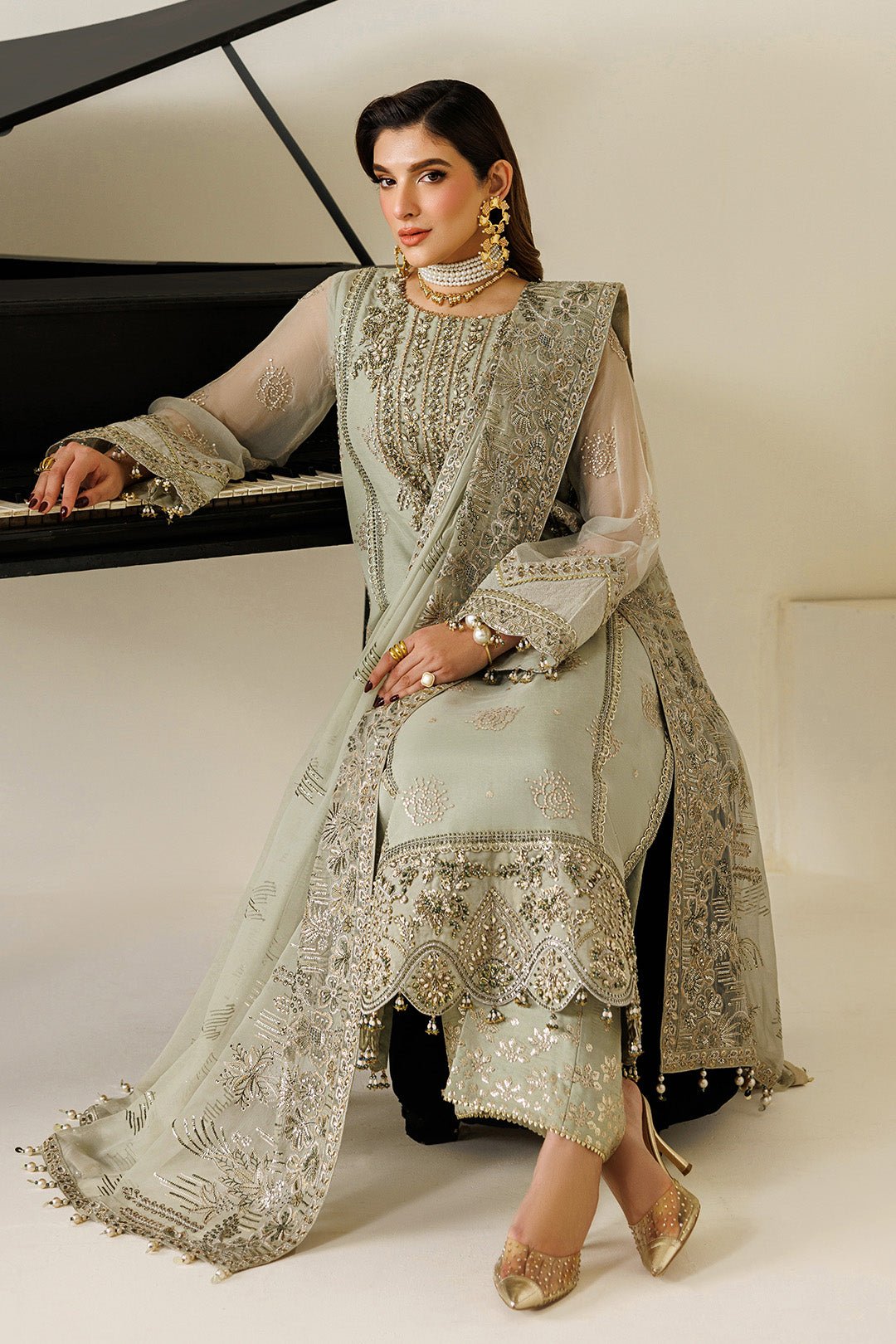 Alizeh | Aymal Luxury Bamber Chiffon | AF-BHM-4072-Javi-Brand:Alizeh-Type:Ladies Clothes-Mint Gray-Long Shirt-House of Maryam- Buy in UK, USA