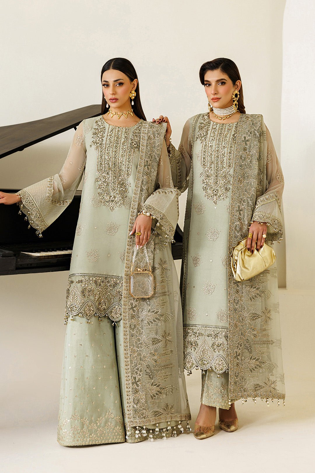 Alizeh | Aymal Luxury Bamber Chiffon | AF-BHM-4072-Javi-Brand:Alizeh-Type:Ladies Clothes-Mint Gray-Long Shirt-House of Maryam- Buy in UK, USA