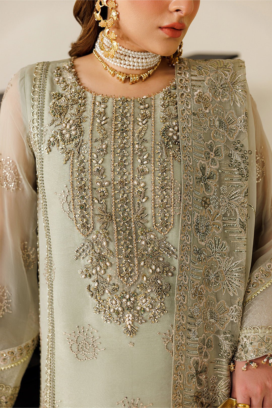 Alizeh | Aymal Luxury Bamber Chiffon | AF-BHM-4072-Javi-Brand:Alizeh-Type:Ladies Clothes-Mint Gray-Short Shirt with Plazzo-House of Maryam- Buy in UK, USA