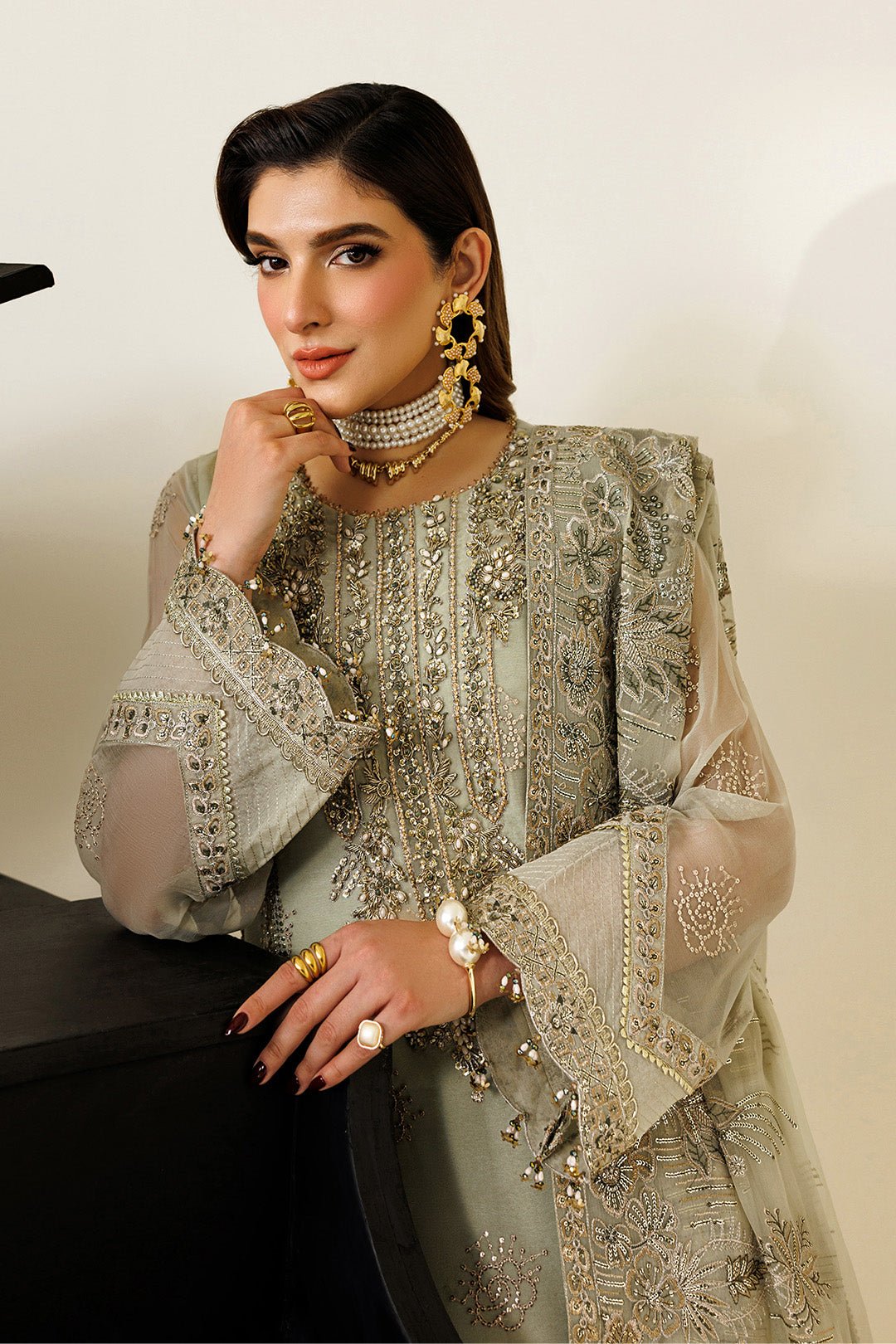 Alizeh | Aymal Luxury Bamber Chiffon | AF-BHM-4072-Javi-Brand:Alizeh-Type:Ladies Clothes-Mint Gray-Short Shirt with Plazzo-House of Maryam- Buy in UK, USA