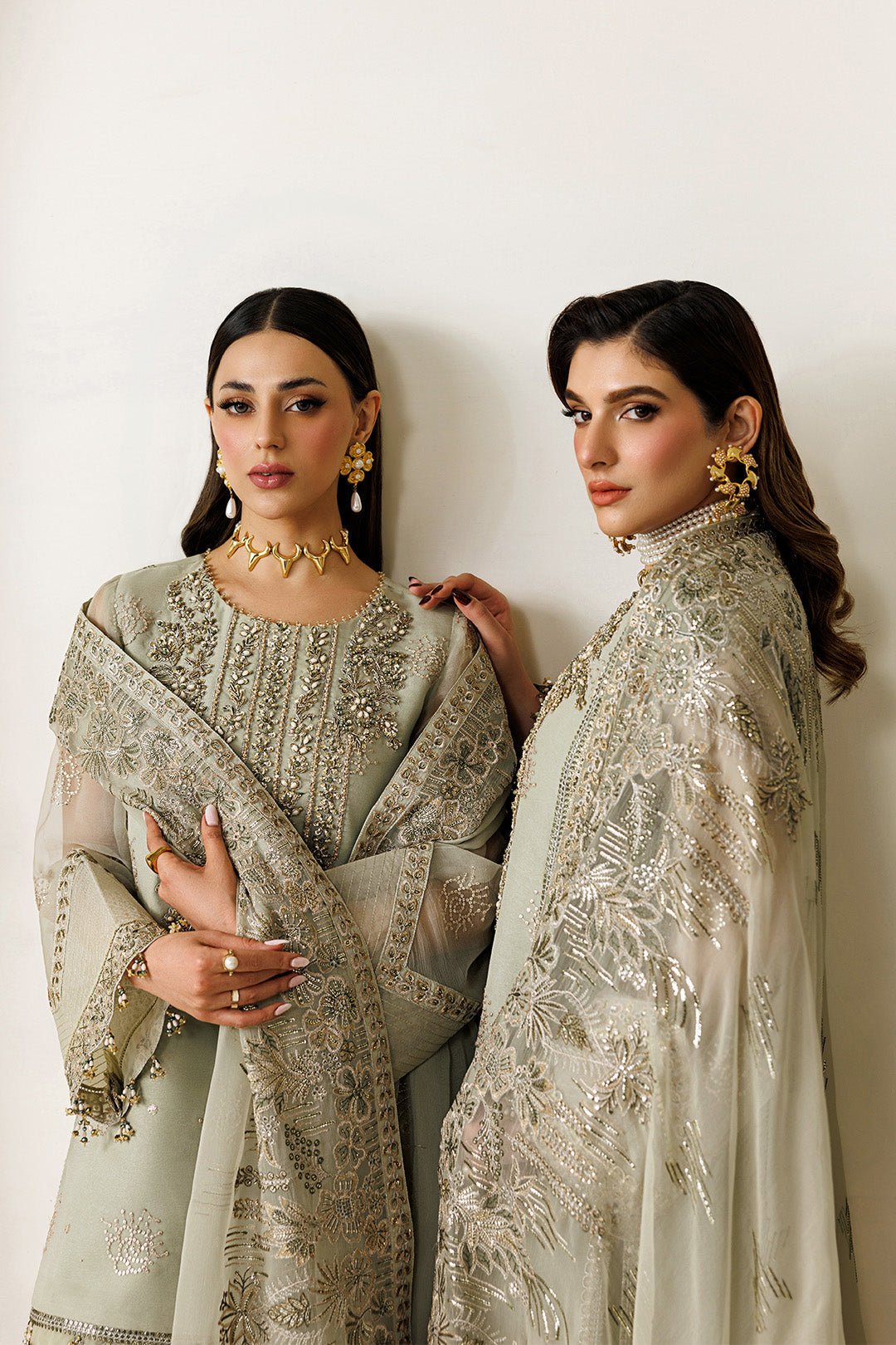 Alizeh | Aymal Luxury Bamber Chiffon | AF-BHM-4072-Javi-Brand:Alizeh-Type:Ladies Clothes-Mint Gray-Short Shirt with Plazzo-House of Maryam- Buy in UK, USA