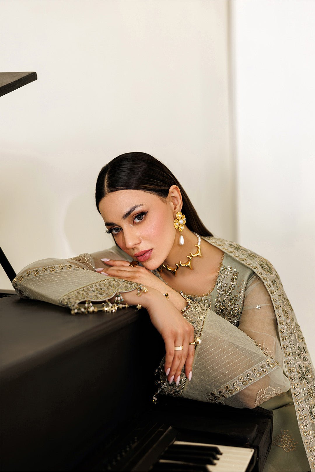 Alizeh | Aymal Luxury Bamber Chiffon | AF-BHM-4072-Javi-Brand:Alizeh-Type:Ladies Clothes-Mint Gray-Short Shirt with Plazzo-House of Maryam- Buy in UK, USA