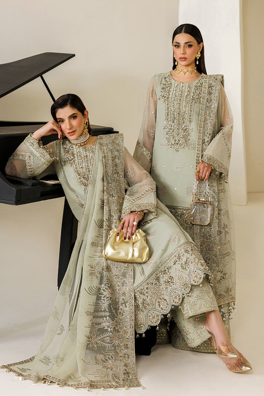 Alizeh | Aymal Luxury Bamber Chiffon | AF-BHM-4072-Javi-Brand:Alizeh-Type:Ladies Clothes-Mint Gray-Short Shirt with Plazzo-House of Maryam- Buy in UK, USA