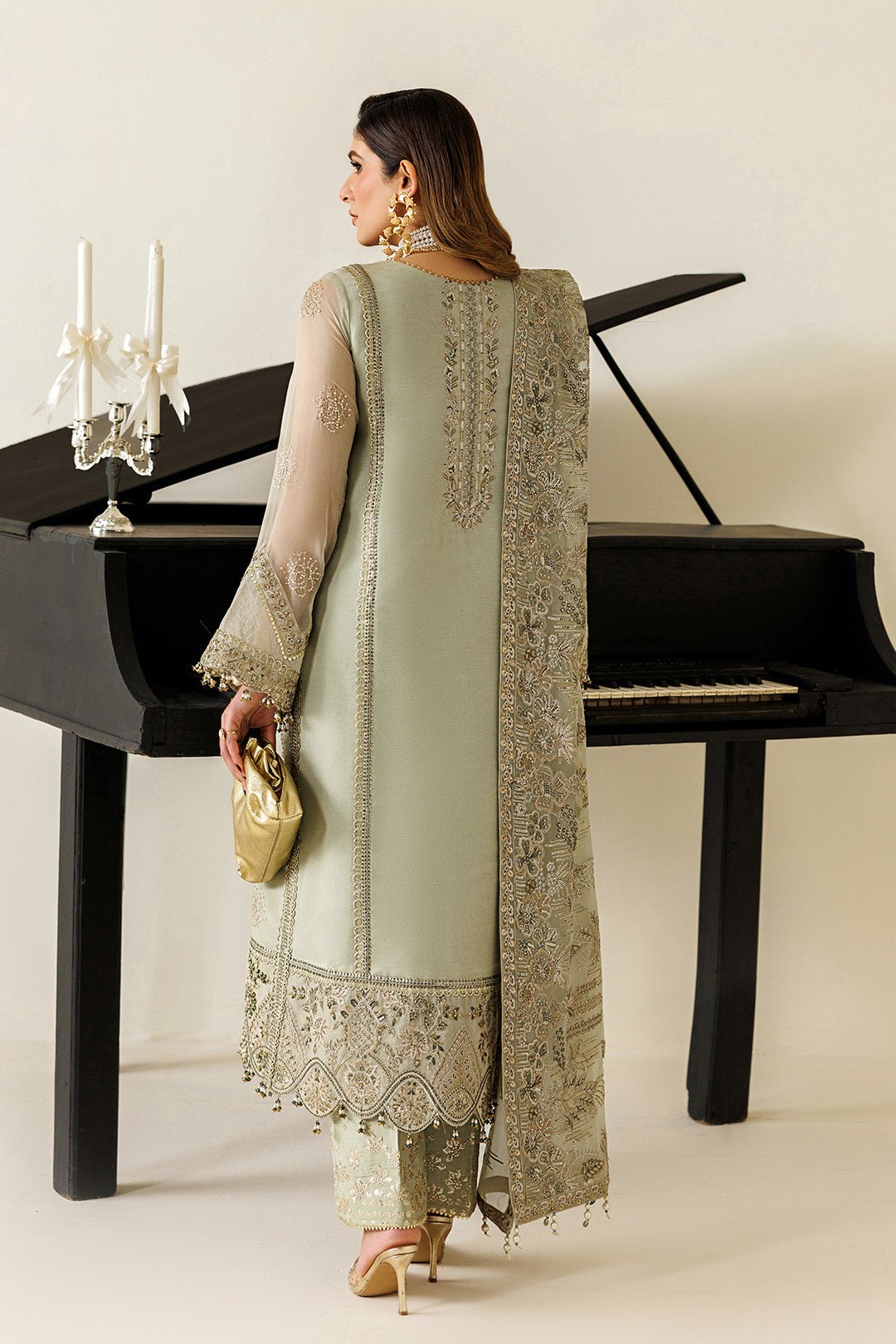 Alizeh | Aymal Luxury Bamber Chiffon | AF-BHM-4072-Javi-Brand:Alizeh-Type:Ladies Clothes-Mint Gray-Short Shirt with Plazzo-House of Maryam- Buy in UK, USA