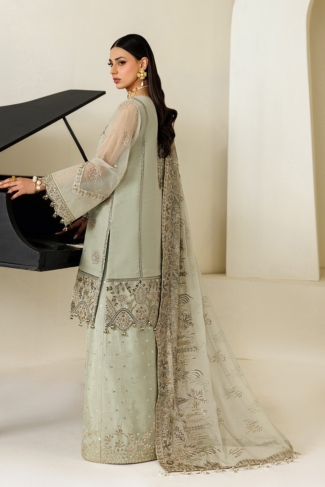 Alizeh | Aymal Luxury Bamber Chiffon | AF-BHM-4072-Javi-Brand:Alizeh-Type:Ladies Clothes-Mint Gray-Short Shirt with Plazzo-House of Maryam- Buy in UK, USA