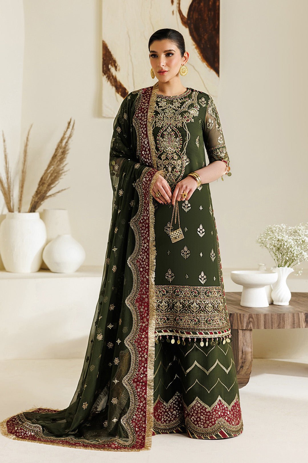 Alizeh | Aymal Luxury Bamber Chiffon | AF-BHM-4075-Hyan-Brand:Alizeh-Type:Ladies Clothes-Deep Olive Green-Chiffon-House of Maryam- Buy in UK, USA