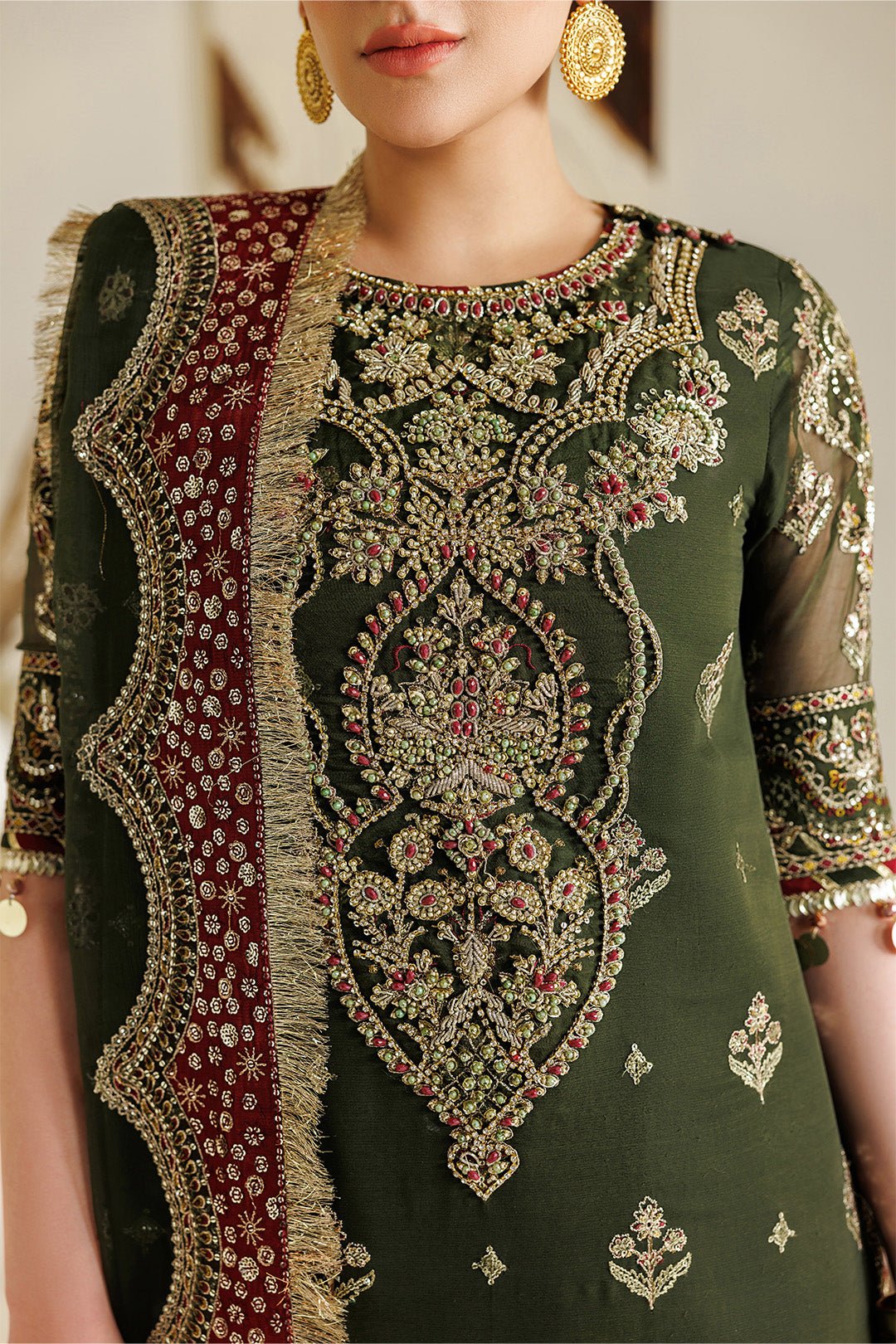 Alizeh | Aymal Luxury Bamber Chiffon | AF-BHM-4075-Hyan-Brand:Alizeh-Type:Ladies Clothes-Deep Olive Green-Chiffon-House of Maryam- Buy in UK, USA