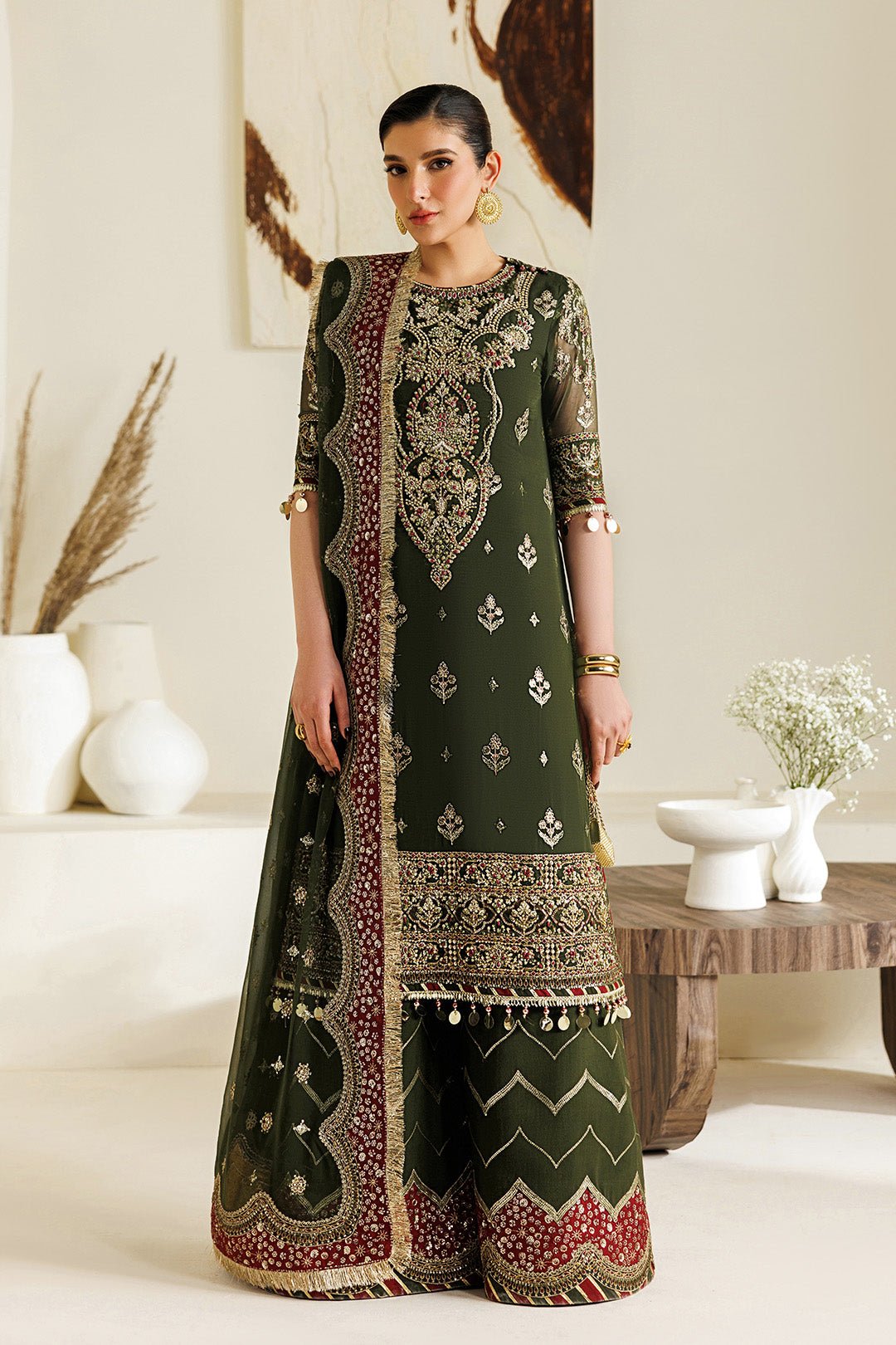 Alizeh | Aymal Luxury Bamber Chiffon | AF-BHM-4075-Hyan-Brand:Alizeh-Type:Ladies Clothes-Deep Olive Green-Chiffon-House of Maryam- Buy in UK, USA