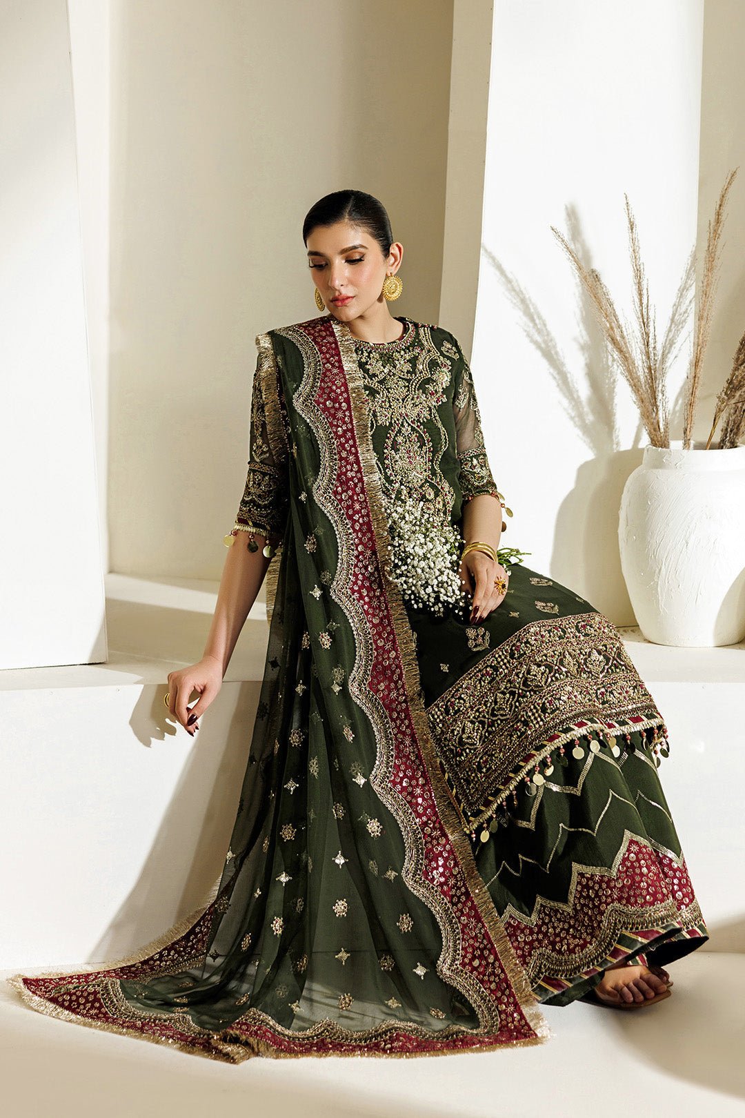 Alizeh | Aymal Luxury Bamber Chiffon | AF-BHM-4075-Hyan-Brand:Alizeh-Type:Ladies Clothes-Deep Olive Green-Chiffon-House of Maryam- Buy in UK, USA